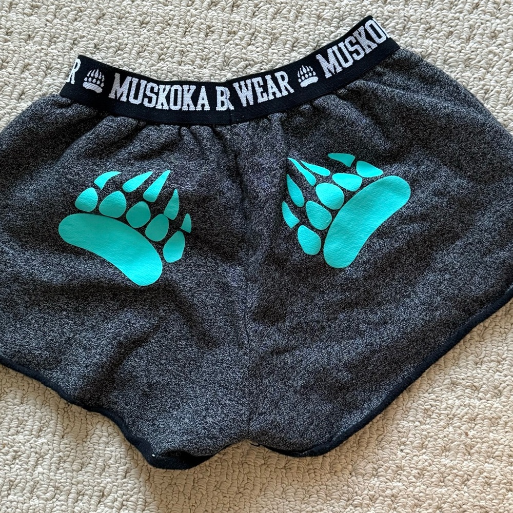 Muskoka Bear Wear Gray Shorts with Teal Paw Prints